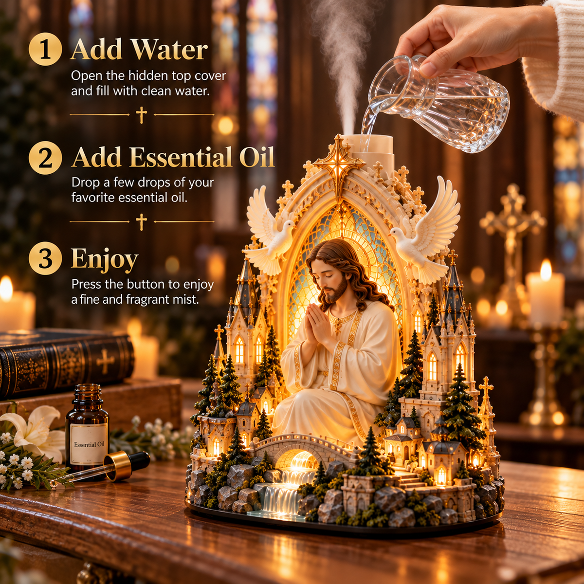 ✝️✨ Sacred Serenity™ – Lighted Jesus Prayer Aroma Diffuser with Gentle Mist | A Beautiful Gift of Faith & Peace ❤️