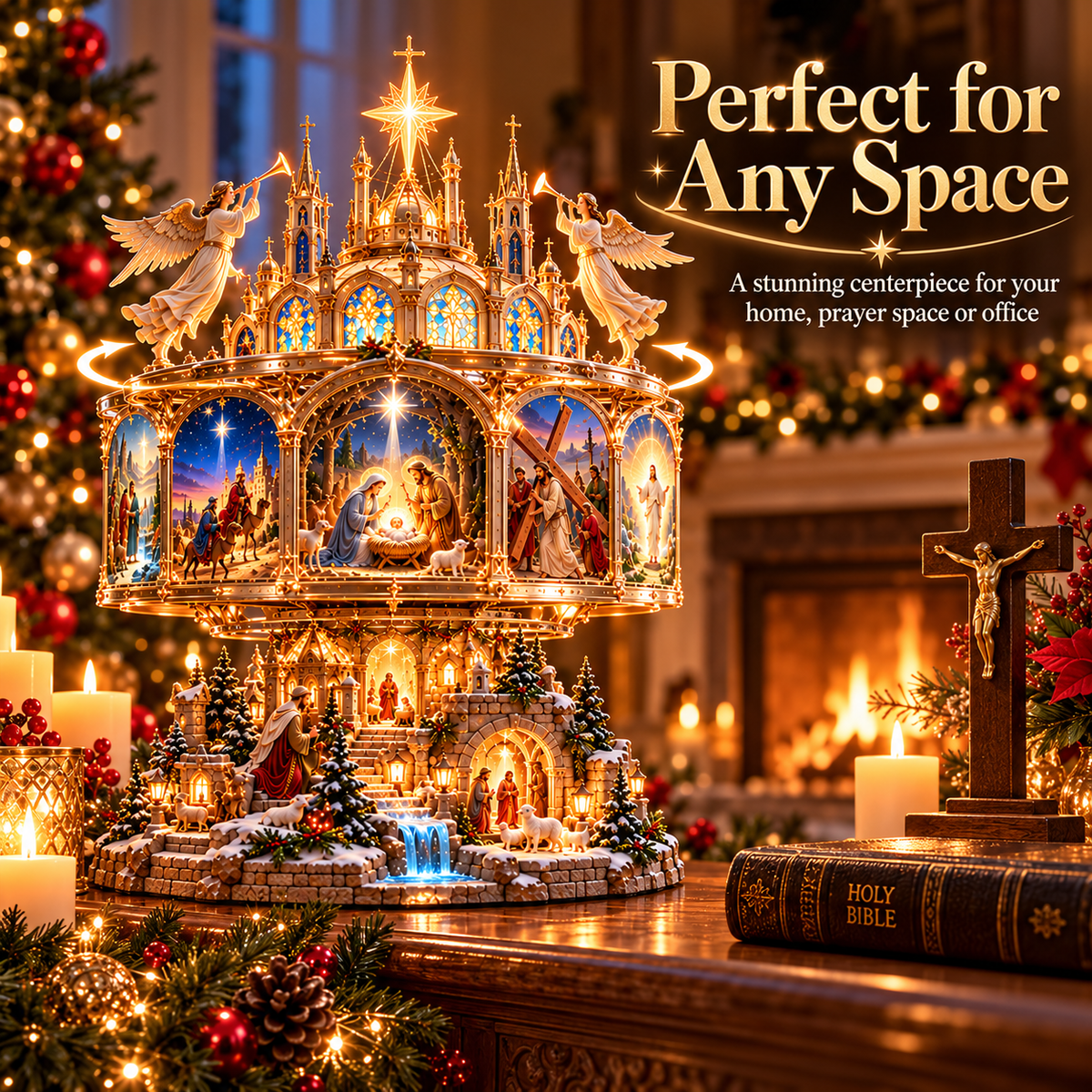 ✝️ Journey of Faith™ – 360° Rotating Lighted Bible Story Nativity Display with Angelic Cathedral & Sacred Scenes
