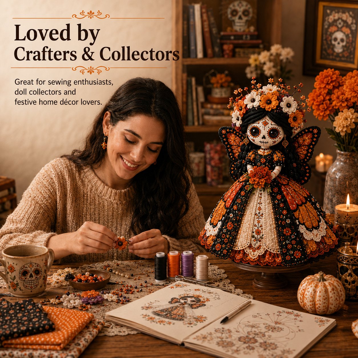 🎃 Day of the Dead Patchwork Doll DIY Sewing Kit – Handmade Fabric Doll Making Kit with Floral Details