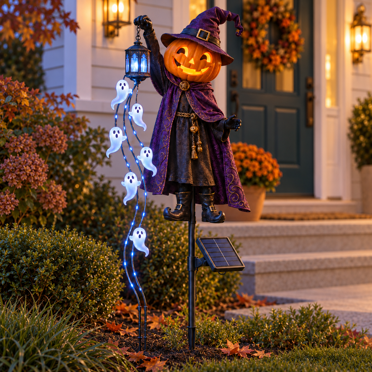 🎃 Halloween Sale 👻 Pumpkin Wizard Solar Garden Light with Glowing Ghost Cascade