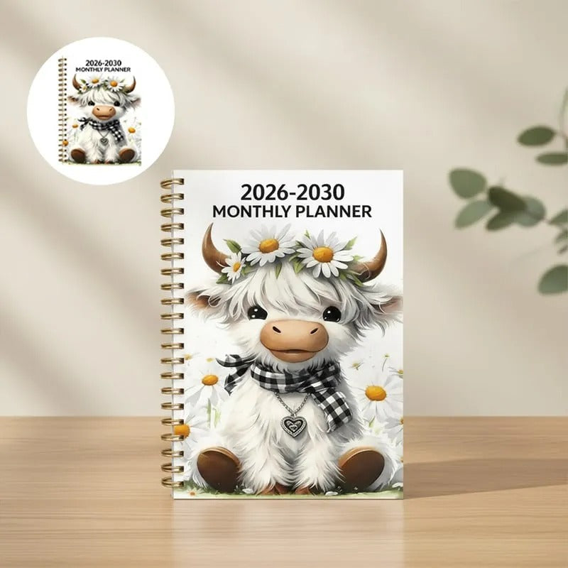 2026–2030 Five-Year Monthly Planner – Highland Cow Spiral Organizer for Home, Work & Important Dates