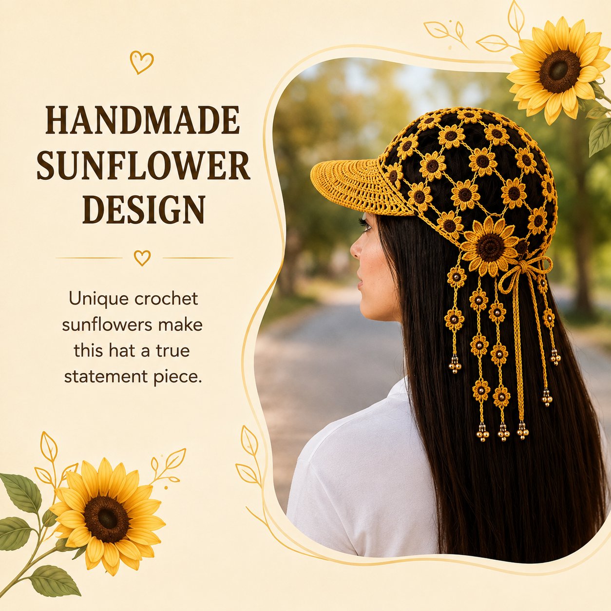 🌻 Sunflower Crochet Baseball Cap – Breathable Boho Hat with Floral Tassels
