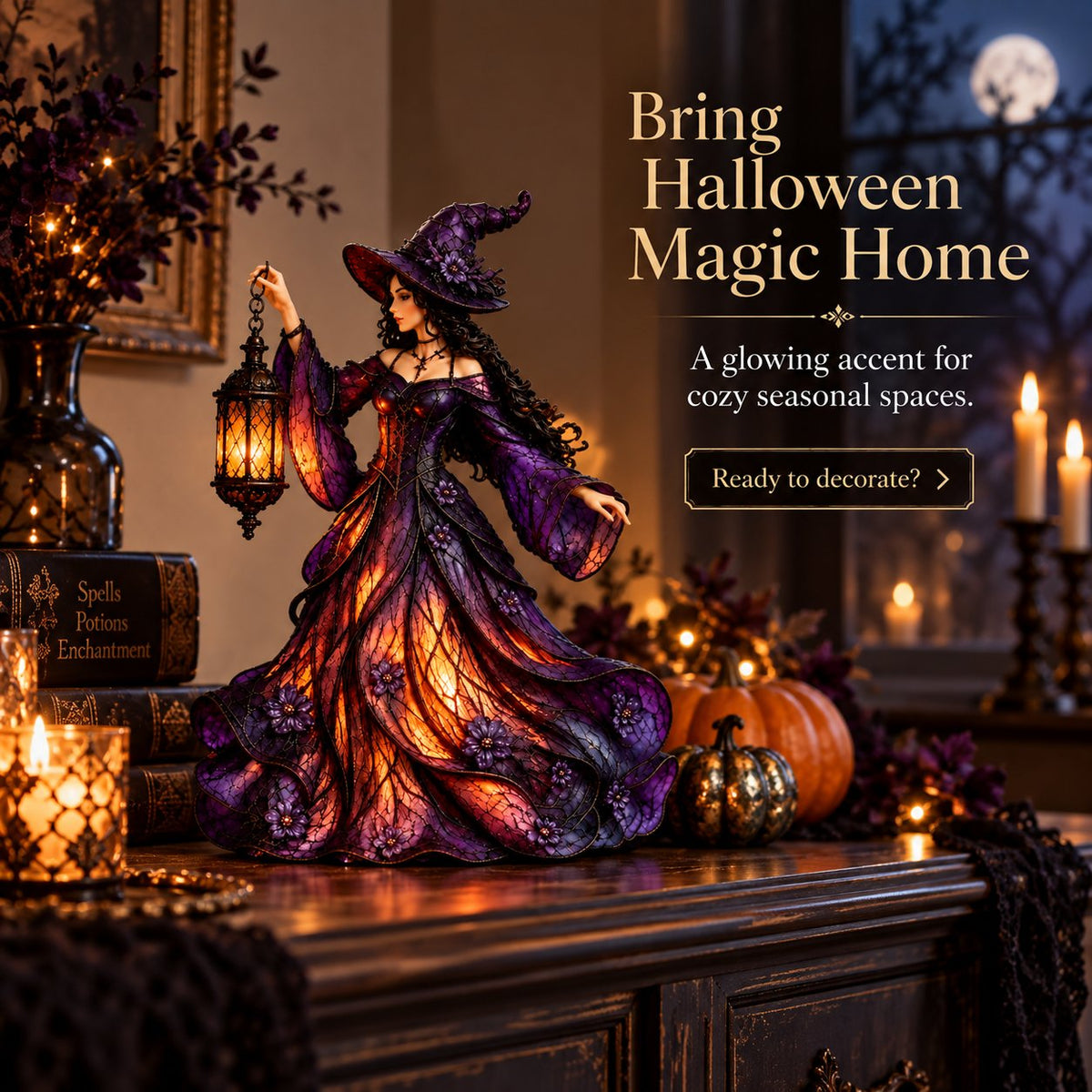 🧙♀️ Enchanted Gothic Witch Lantern™ – Lighted Halloween Figurine for Mantel & Home Decor