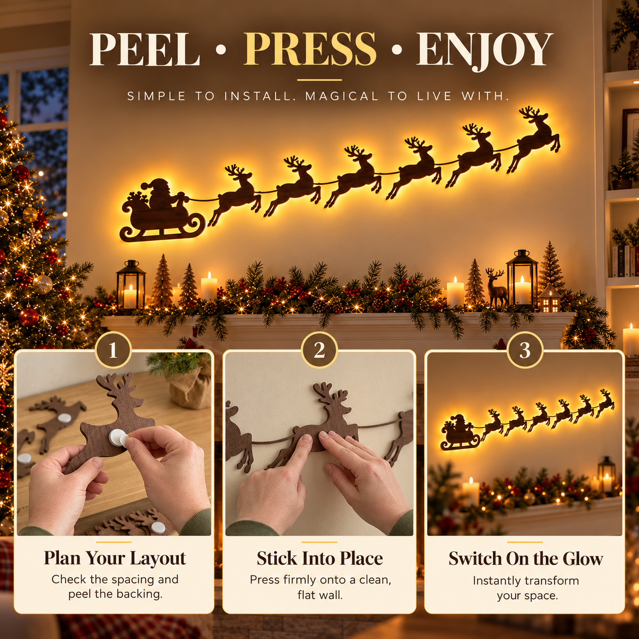 🦌 Santa Sleigh & 6 Reindeer LED Wall Display – Warm Christmas Glow