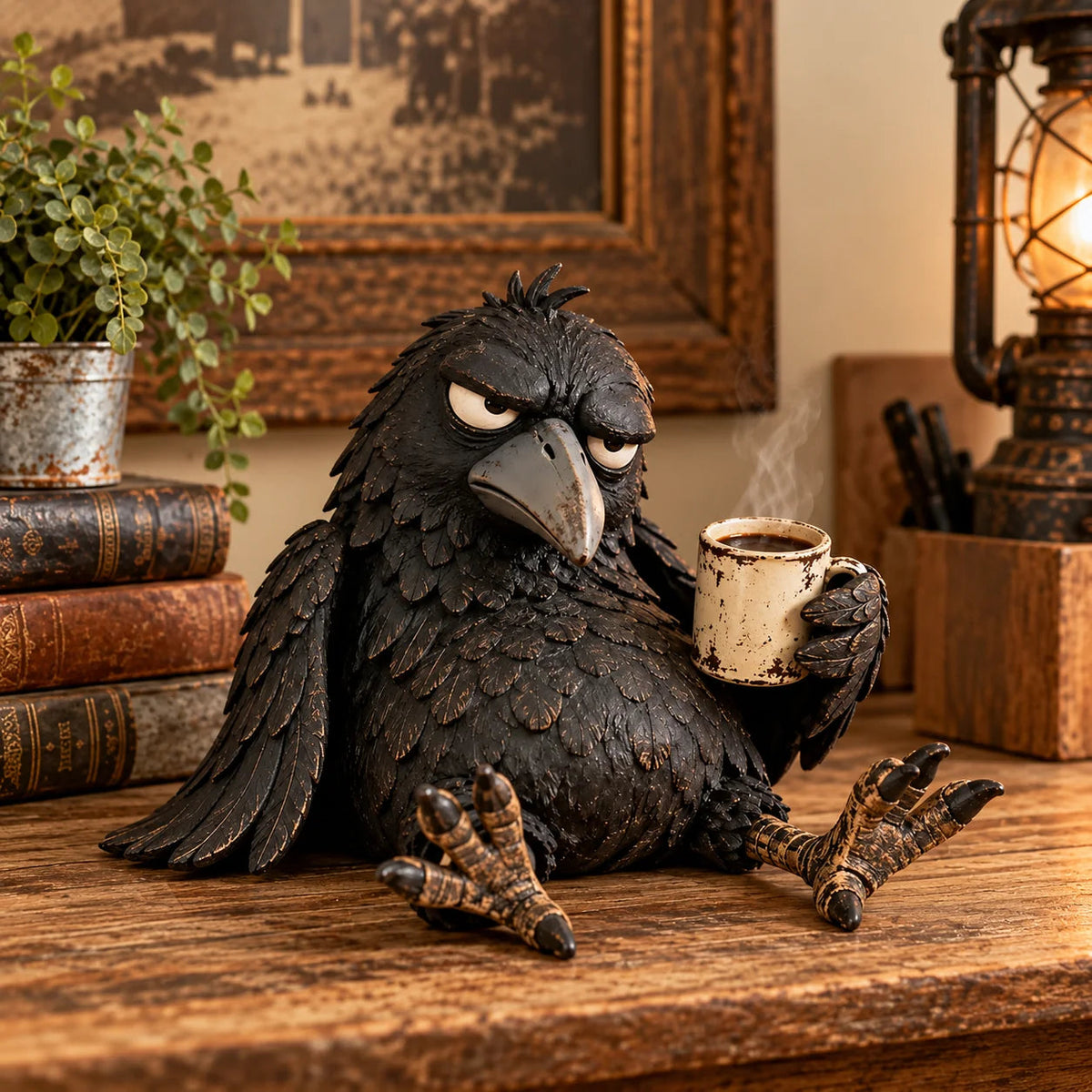 ☕🐦⬛ Grumpy Coffee Raven™ – Funny Coffee Bar & Desk Figurine