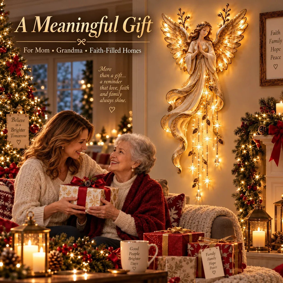 👼🌙Guardian Angel Starfall Cascade™ – Lighted Faith & Blessing Christmas Wall Decor✨