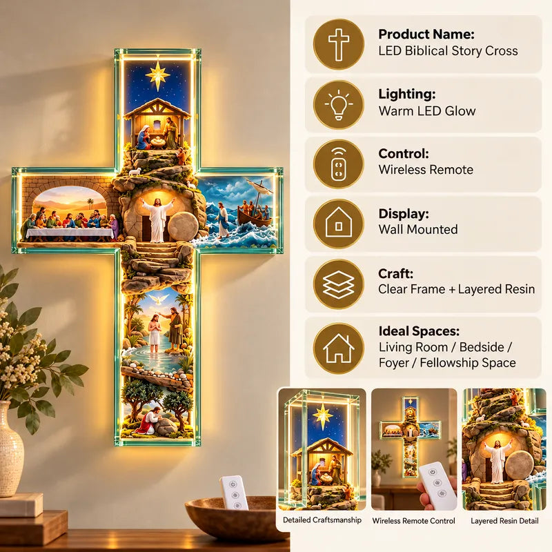 ✨Hot Sale – 49% OFF✝️ His Story Cross – 3D Biblical Wall Cross with 6 Sacred Scenes | Lighted & Classic Options
