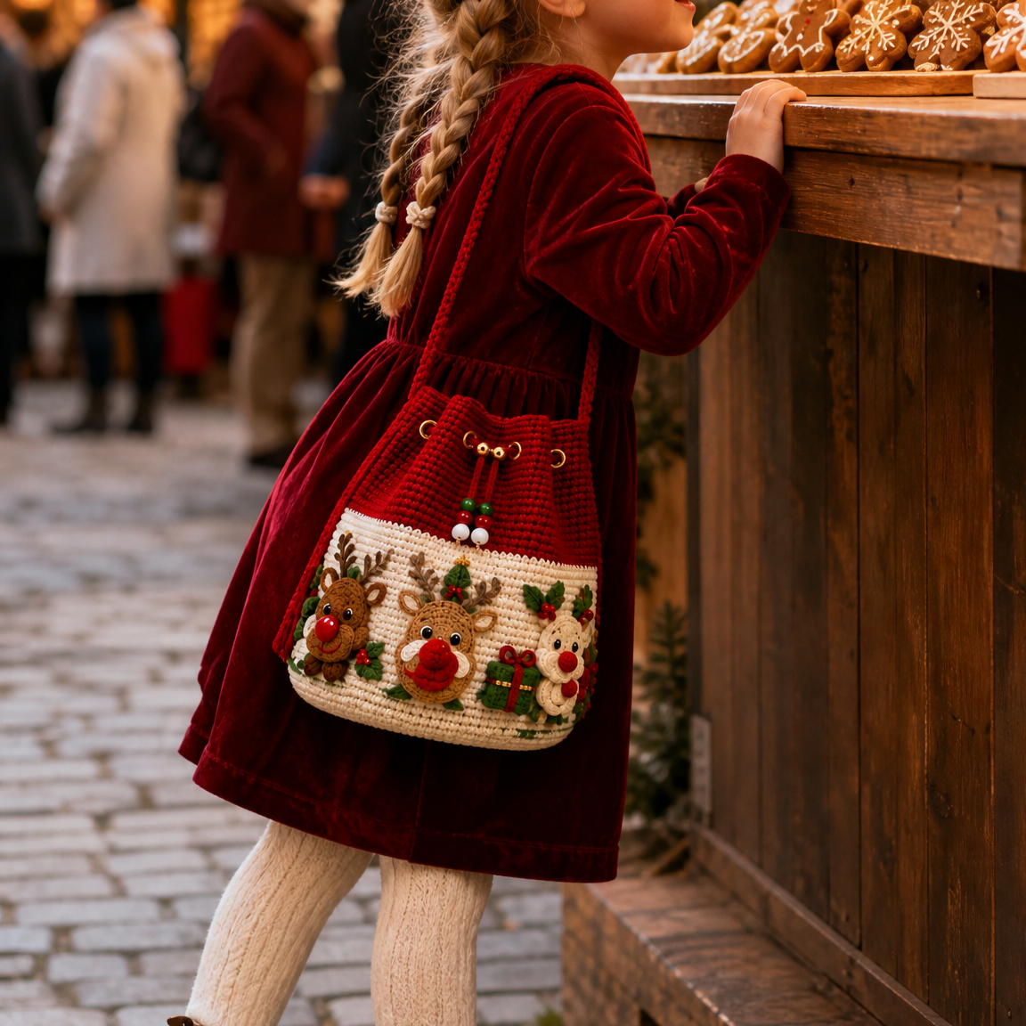 🎄Christmas Crochet Bucket Crossbody Bag 🎅 | 4 Styles Hand‑Knitted Drawstring Shoulder Purse | Festive Holiday Women Handbag Gift