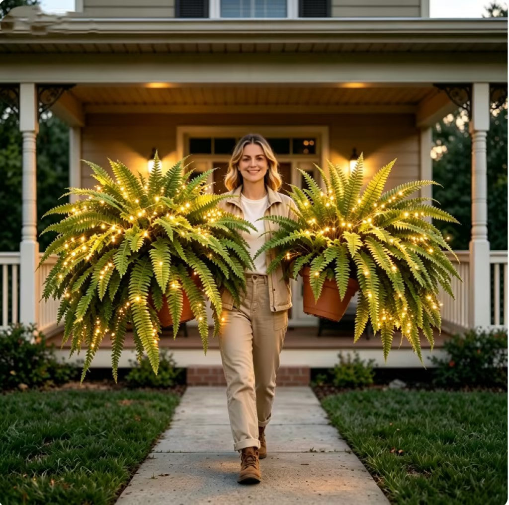 🌿 Lighted Boston Fern Hanging Basket – Lush No-Water Greenery with Warm Lights