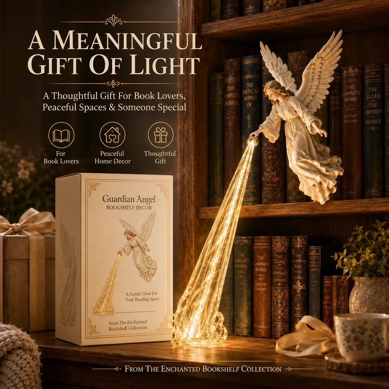 🕊️ Guardian Angel Bookshelf Light | Peaceful Angel Figurine with Warm Golden Beam for Reading Corners, Shelves & Meaningful Gifts ✨