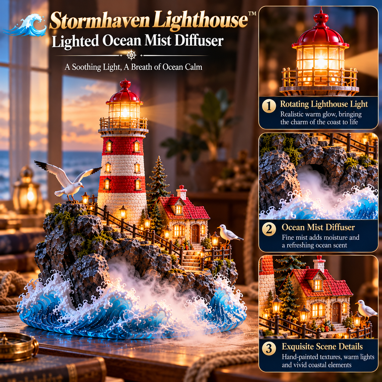 Detailed miniature lighthouse, cottage, seagulls, rocky cliffs and illuminated windows