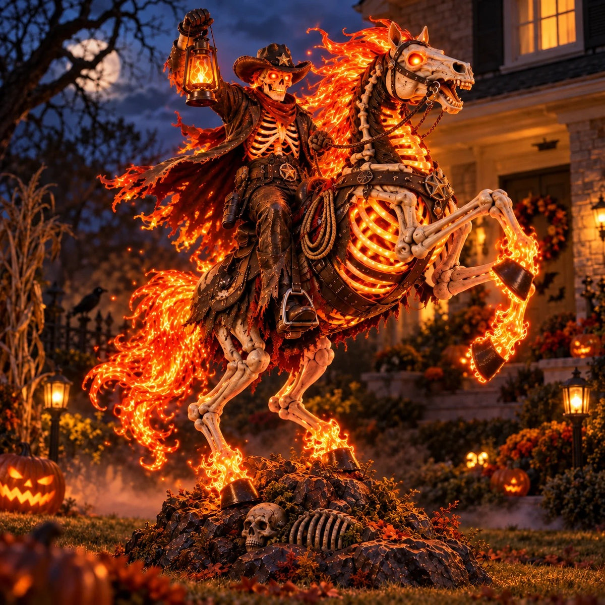 🔥 Halloween Hot Sale – Flaming Skeleton Cowboy Rider™ – Haunted Western Yard Light That Steals the Show