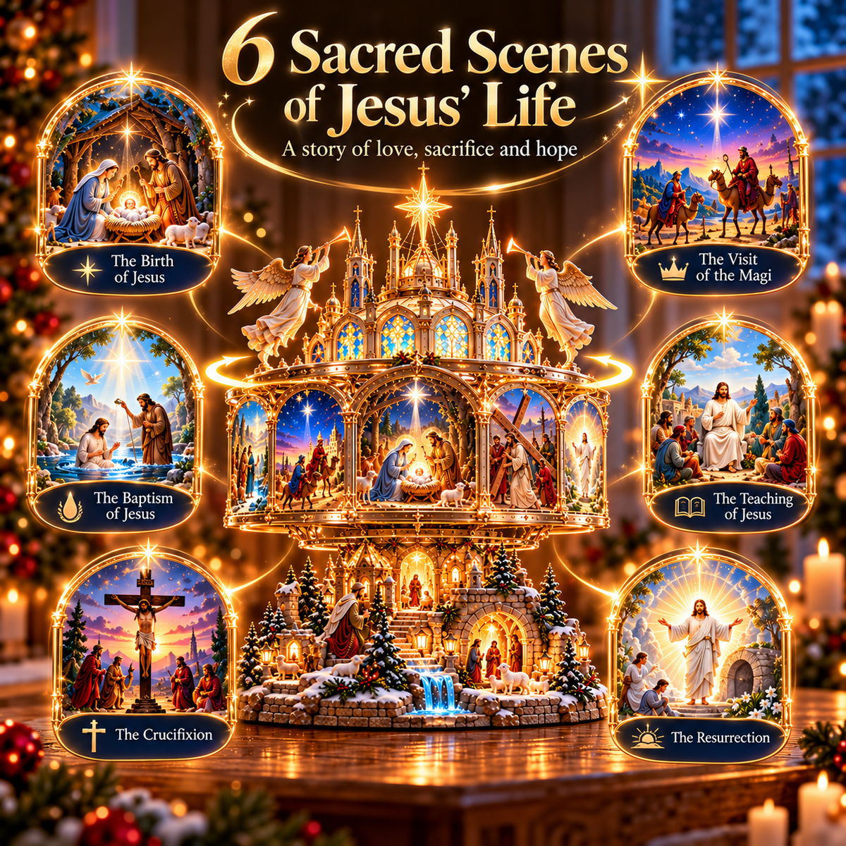 🔥LAST DAY 49% OFF✝️✨ Journey of Faith™ – 360° Rotating Lighted Bible Story Nativity Display with Angelic Cathedral & Sacred Scenes