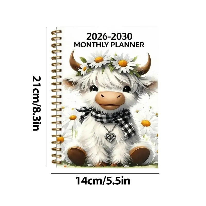 2026–2030 Five-Year Monthly Planner – Highland Cow Spiral Organizer for Home, Work & Important Dates