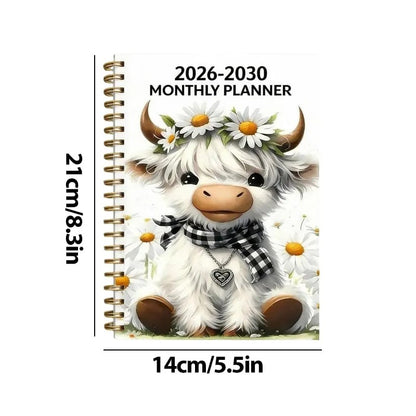 2026–2030 Five-Year Monthly Planner – Highland Cow Spiral Organizer for Home, Work & Important Dates
