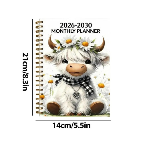 2026–2030 Five-Year Monthly Planner – Highland Cow Spiral Organizer for Home, Work & Important Dates