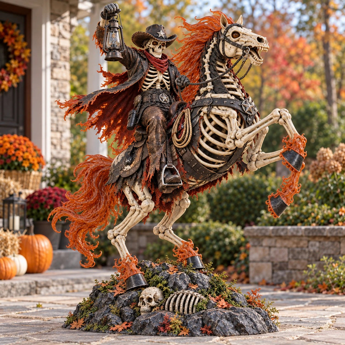 🔥 Halloween Hot Sale – Flaming Skeleton Cowboy Rider™ – Haunted Western Yard Light That Steals the Show