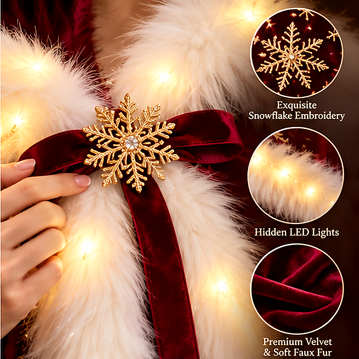 🎄 Christmas Starlight Cape™ – Magical Light-Up Hooded Christmas Cape with Warm LED Glow & Golden Snowflakes