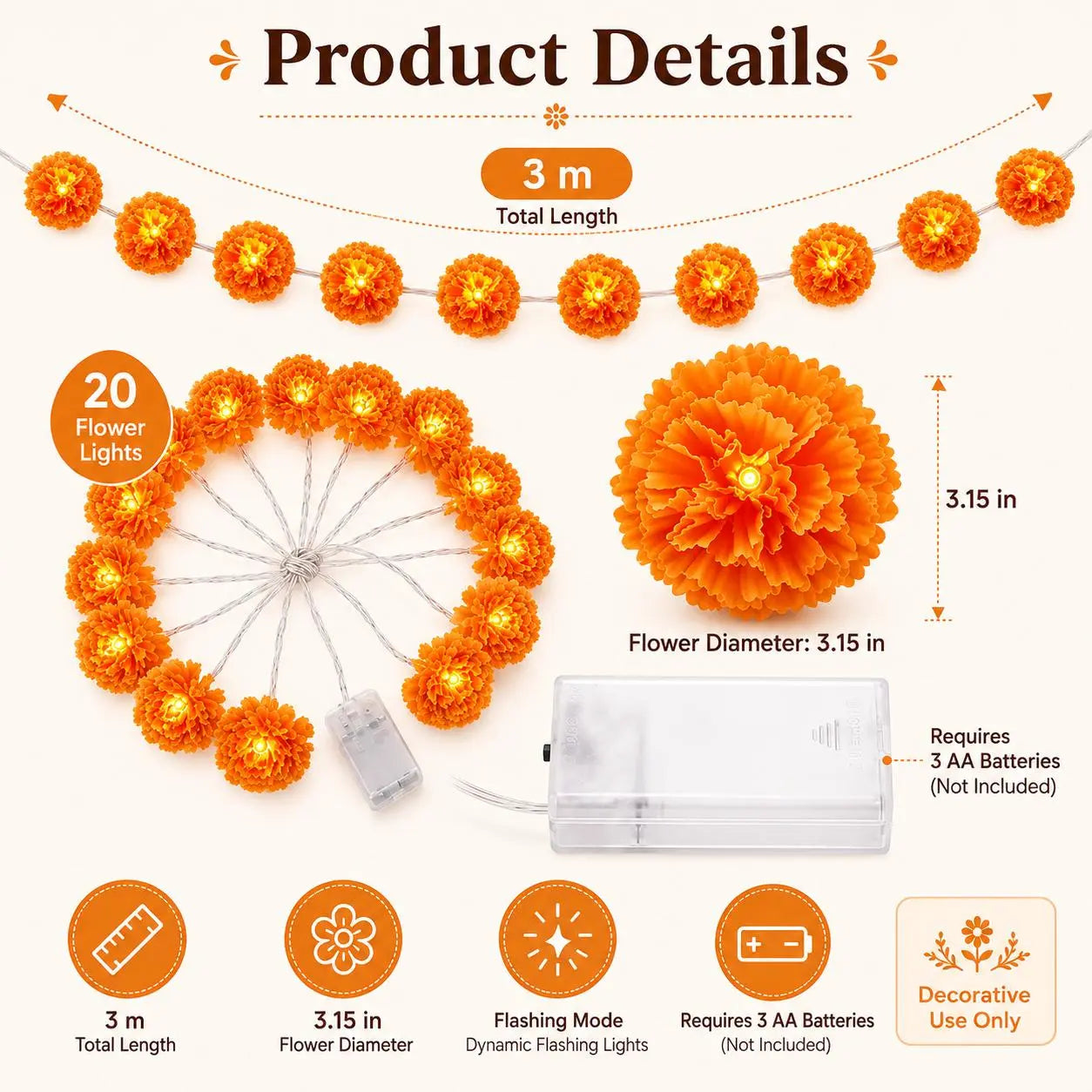 Marigold 20-LED String Lights – 3M Ofrenda, Halloween & Fall Decor
