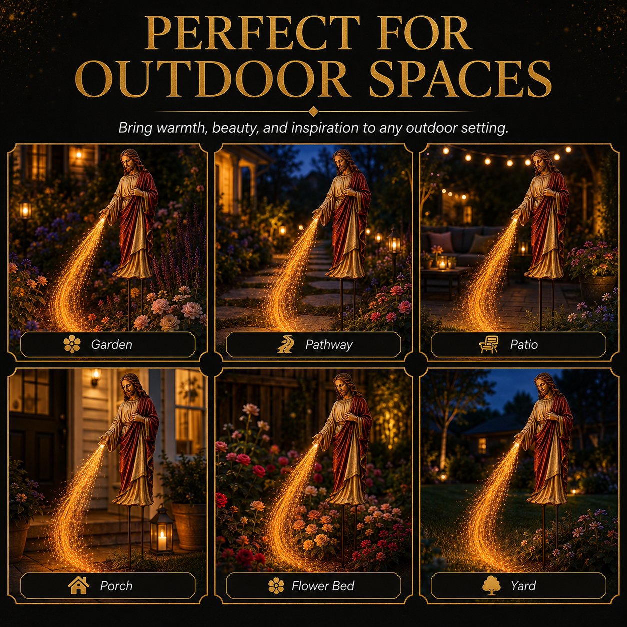 Solar Jesus garden light displayed in garden, pathway, patio, porch, flower bed and yard settings