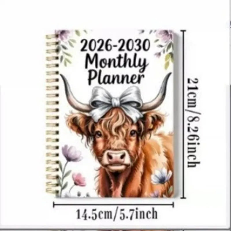 2026–2030 Five-Year Monthly Planner – Highland Cow Spiral Organizer for Home, Work & Important Dates