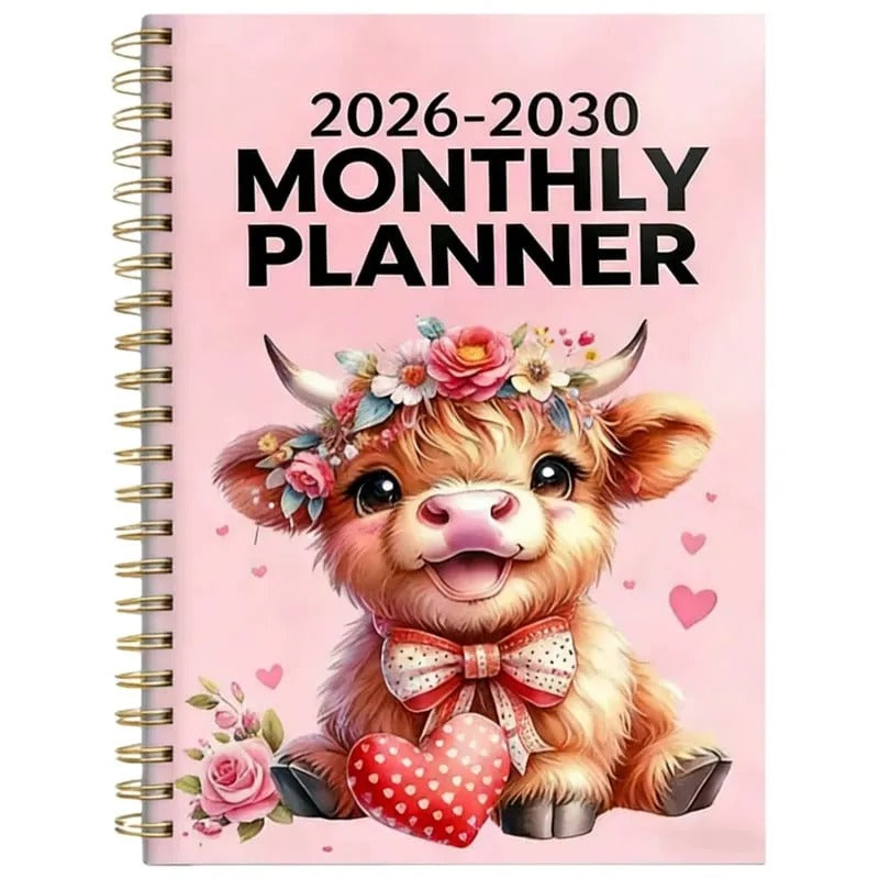 2026–2030 Five-Year Monthly Planner – Highland Cow Spiral Organizer for Home, Work & Important Dates