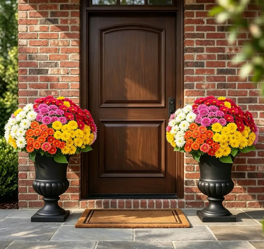 Artificial Sunset Mums – 5-Bundle UV-Resistant Outdoor Fall Flowers for Porch & Planters