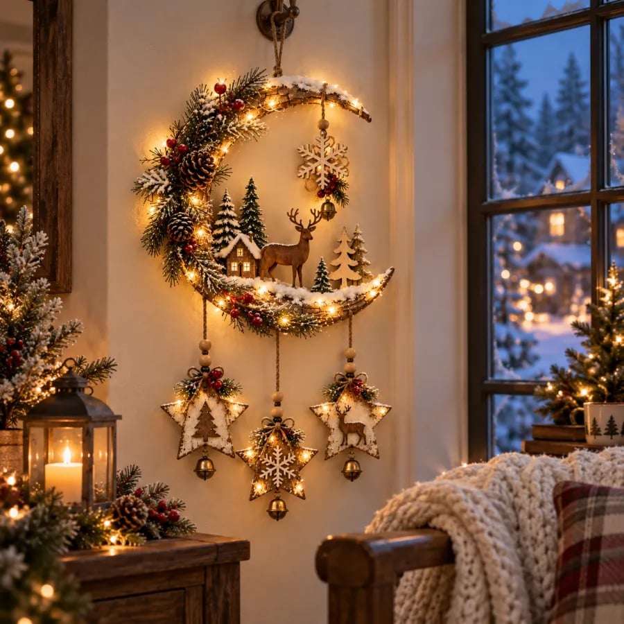 🌙🦌Lighted Rustic Christmas Crescent Moon Wall Decor