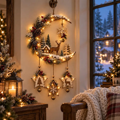 🌙🦌Lighted Rustic Christmas Crescent Moon Wall Decor