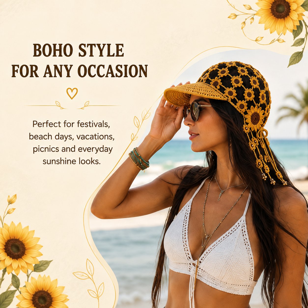 🌻 Sunflower Crochet Baseball Cap – Breathable Boho Hat with Floral Tassels