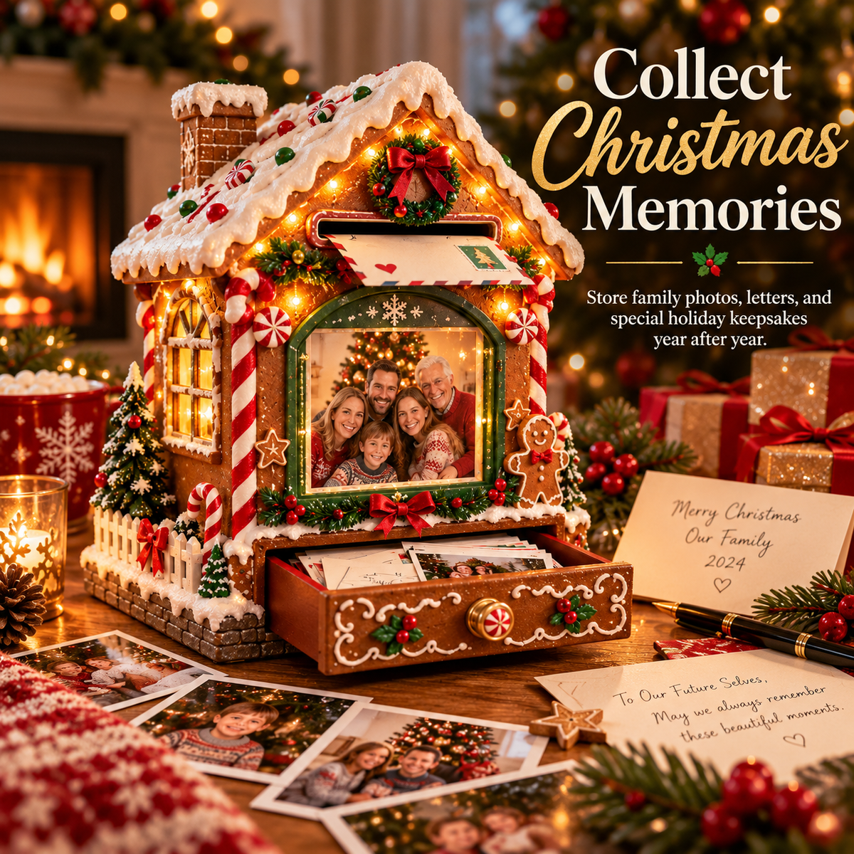 🎄 Christmas Memories™ Lighted Gingerbread House – Family Photo Frame & Letter Keepsake Box