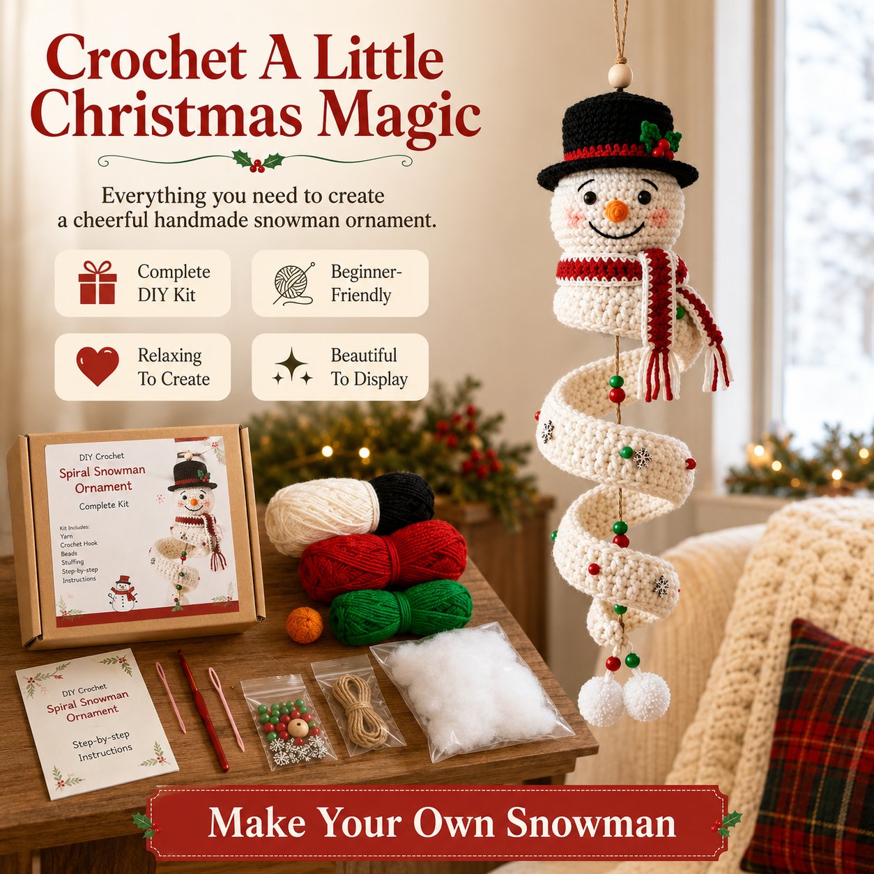 🔥 LAST DAY 49% OFF – ☃️ Crochet Snowman Spiral Ornament DIY Kit | Complete Beginner-Friendly Set with Soft Yarn, Crochet Hook, Festive Beads, Snowflakes & Step-by-Step Guide 🧶🎄✨