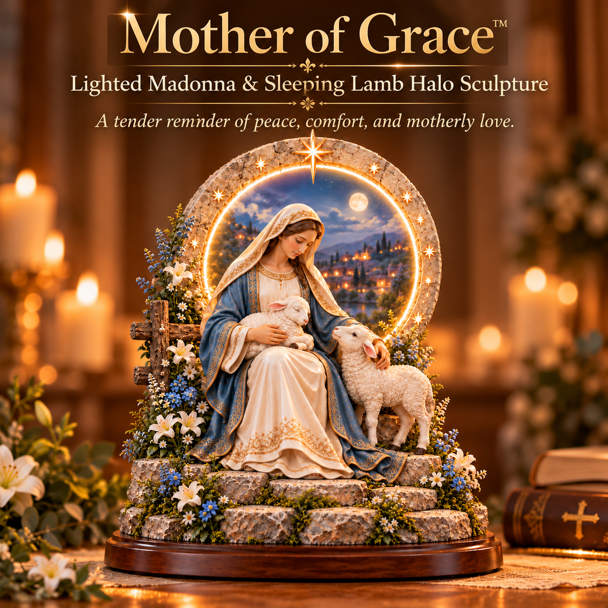 Mother of Grace Virgin Mary with sleeping lamb sculpture
