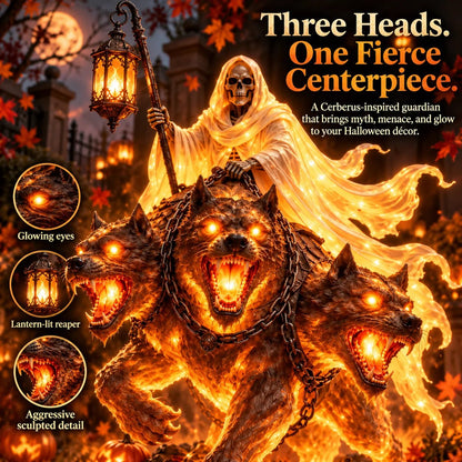 💀🔥 Cerberus Grim Reaper Lighted Statue | Three-Headed Hellhound Halloween Guardian with Lantern