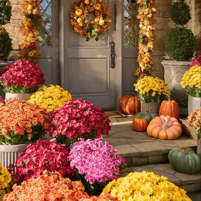 Artificial Sunset Mums – 5-Bundle UV-Resistant Outdoor Fall Flowers for Porch & Planters
