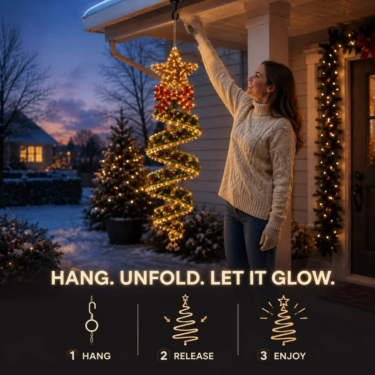 ✨ Christmas Magic Spiral Hanging LED Lights – 3D Floating Holiday Decor Collection