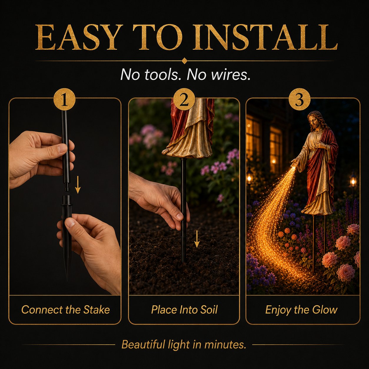 Three-step installation of the Solar Jesus garden light