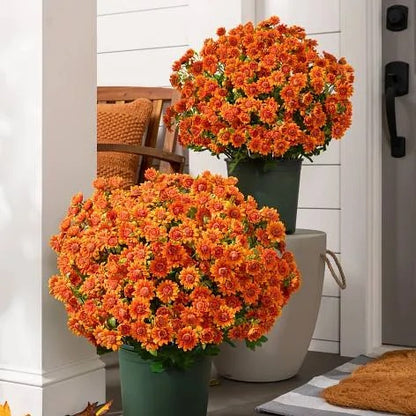 Artificial Sunset Mums – 5-Bundle UV-Resistant Outdoor Fall Flowers for Porch & Planters