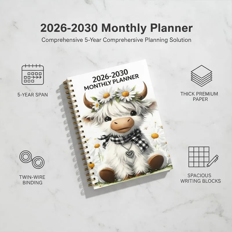 2026–2030 Five-Year Monthly Planner – Highland Cow Spiral Organizer for Home, Work & Important Dates
