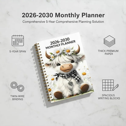 2026–2030 Five-Year Monthly Planner – Highland Cow Spiral Organizer for Home, Work & Important Dates