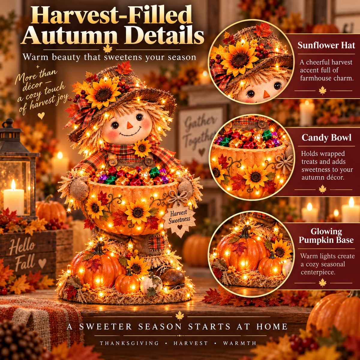 🍂 Harvest Buddy™ – Lighted Scarecrow Candy Bowl & Thanksgiving Centerpiece