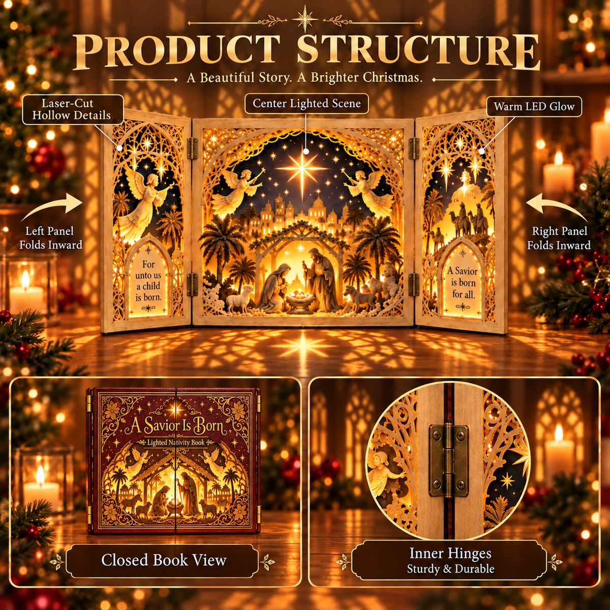 🎄✝️ Bethlehem's Light™ – 3D Lighted Nativity Storybook | Foldable Christmas Shadow Lamp ✨