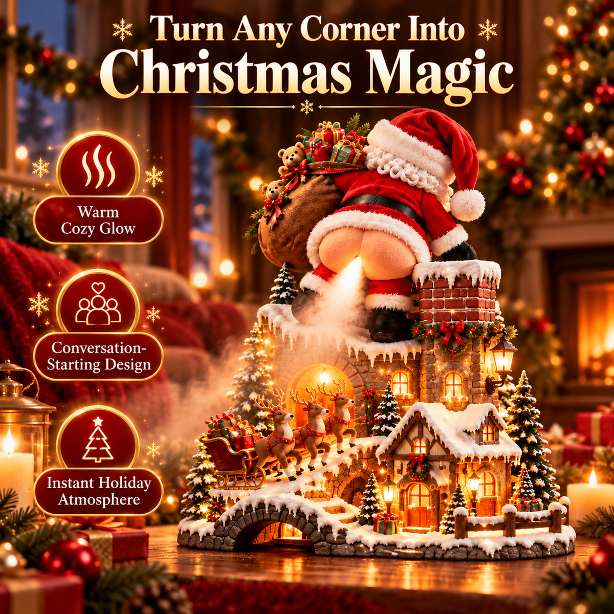 Glowing Santa Christmas village diffuser in a cozy festive living room
