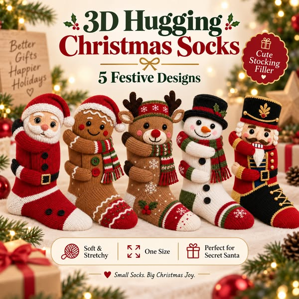 🧦3D Hugging Christmas Socks 🎅 Cute Knit Holiday Socks 5 Designs