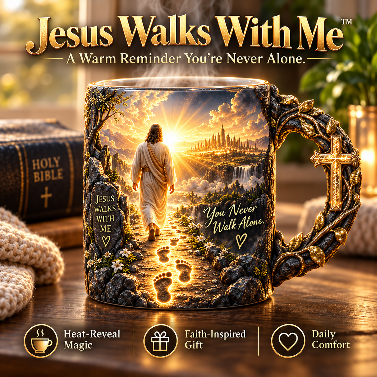 ✝️ Jesus Walks With Me™ – Heat-Reveal Faith Mug | You Are Never Alone