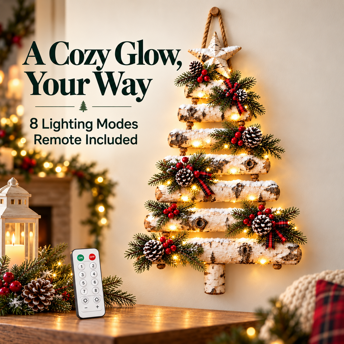 🎄 Woodland Glow – Lighted Birch Christmas Tree Wall Hanging