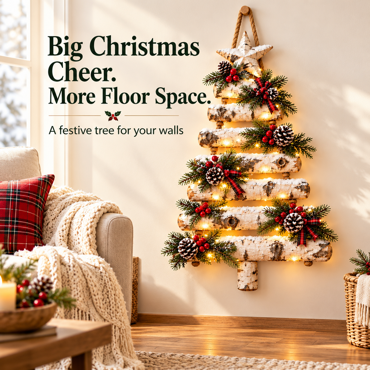 🎄 Woodland Glow – Lighted Birch Christmas Tree Wall Hanging