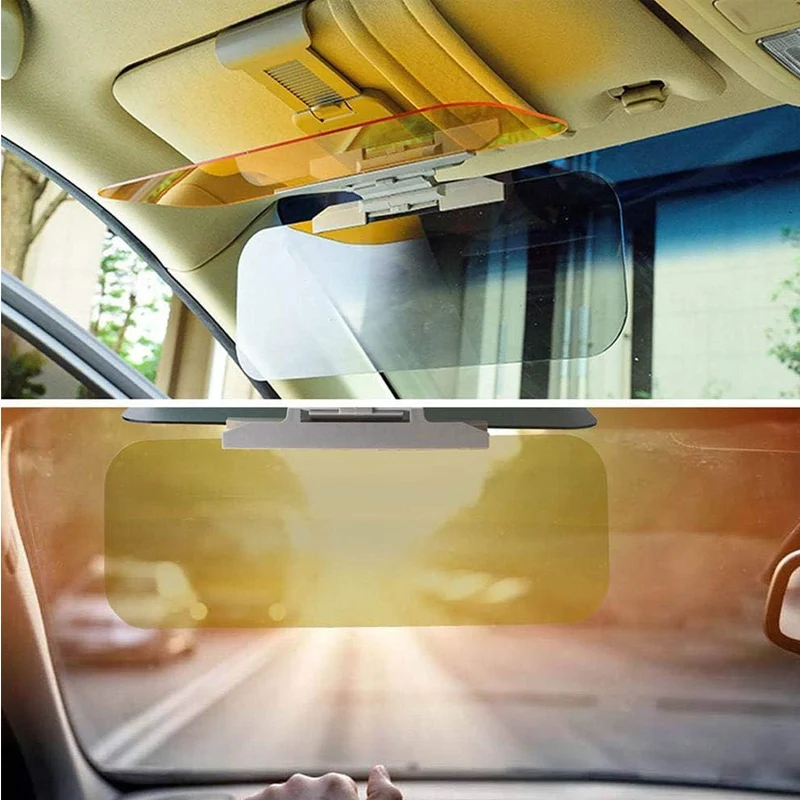 Clip-on gray and yellow visor panels shown inside a car with a sunlit road illustration