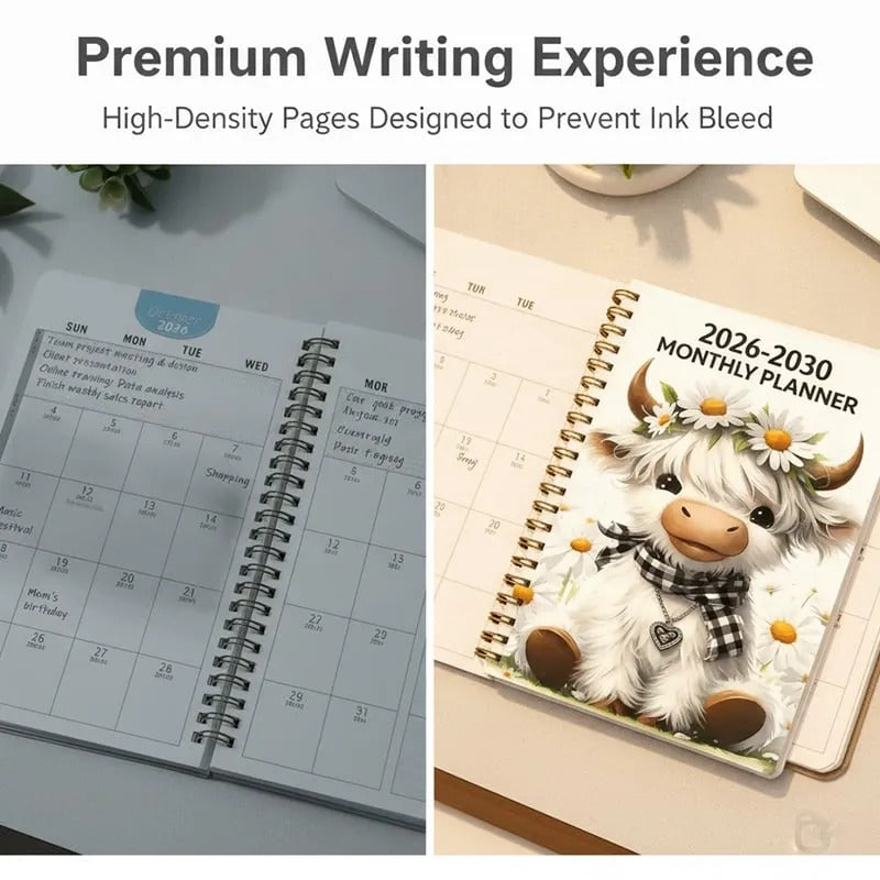 2026–2030 Five-Year Monthly Planner – Highland Cow Spiral Organizer for Home, Work & Important Dates