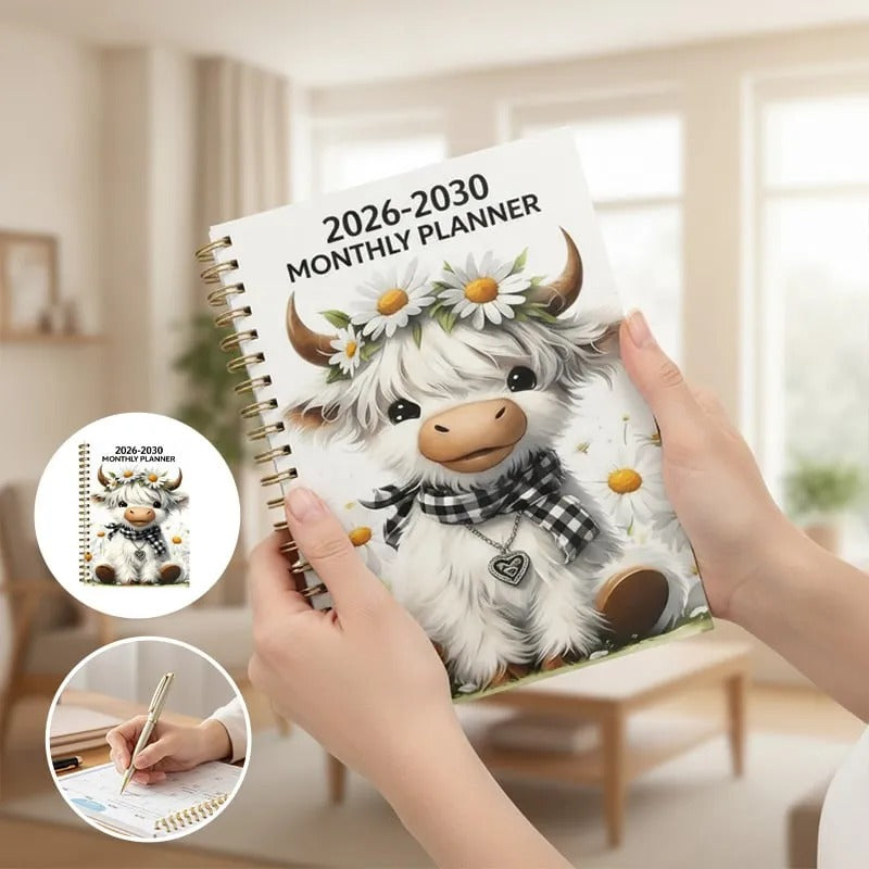 2026–2030 Five-Year Monthly Planner – Highland Cow Spiral Organizer for Home, Work & Important Dates